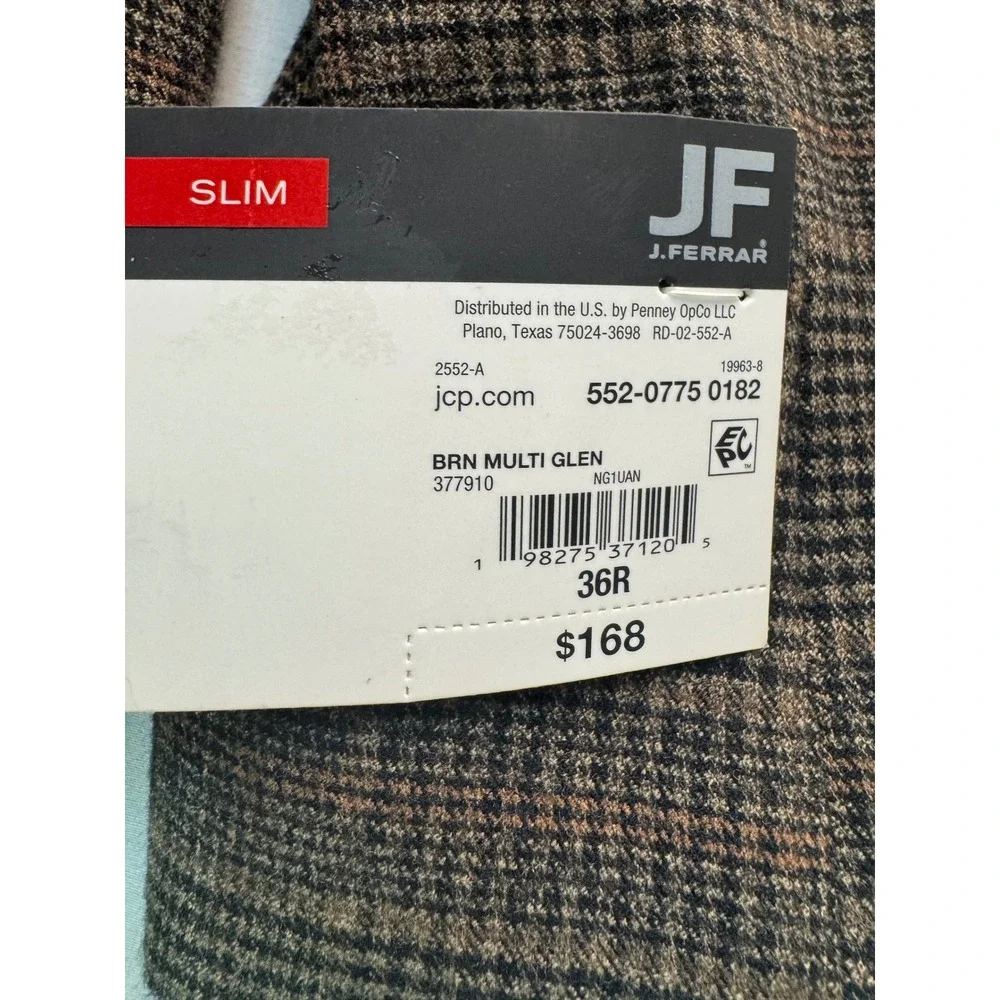JF J.Ferrar Mens Slim Fit Glen Plaid Sport Coat Blazer Brown Multi 36R NEW